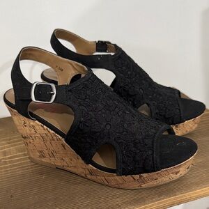 Jellypop Black Lace Cork Wedge Sandals